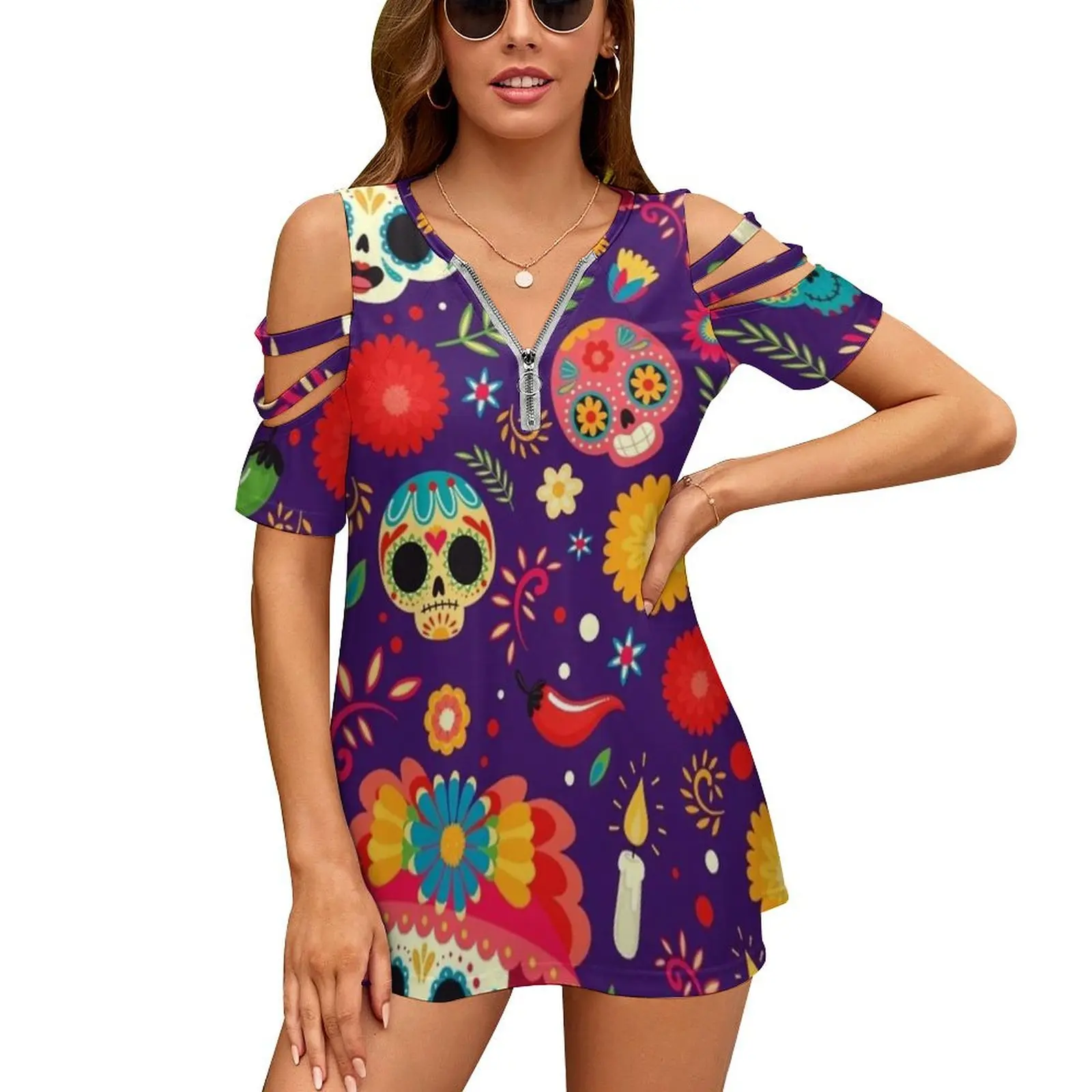 Женская футболка с цветочным принтом, V-образным вырезом