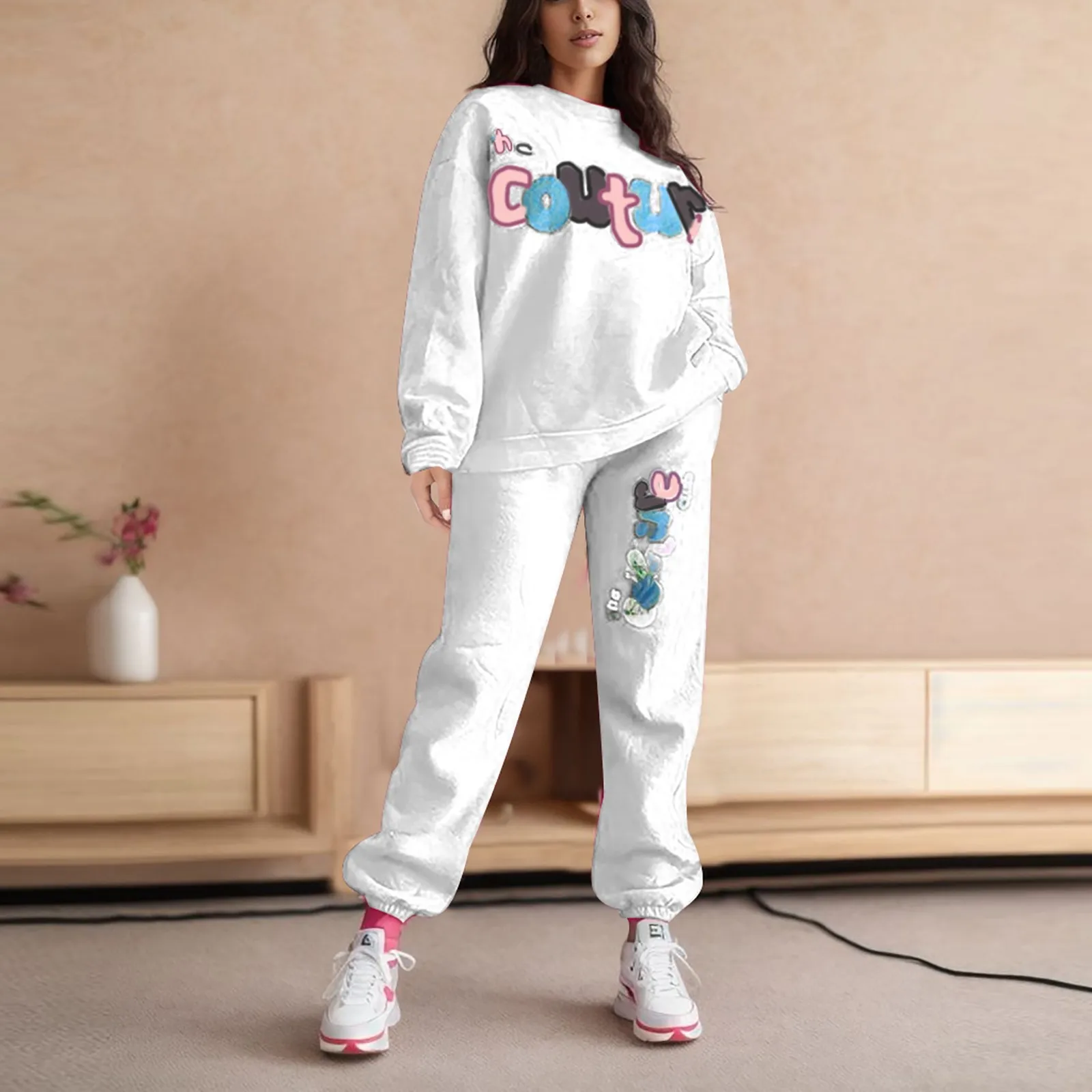 

Women Pullover Tracksuit 2 Pieces Set Solid Color Letter Print Sports Sweatshirts Pants Suit Home Sweatpants Trousers Outfits