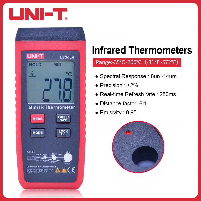 

UNI-T UT306A Non Contact Infrared Mini LCD Infrared Thermometer -35~300C/-31~572F Digital Laser Temperature Meter