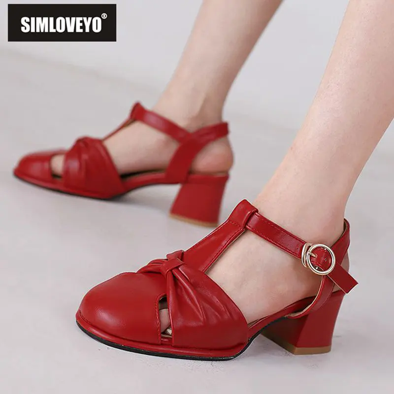 

SIMLOVEYO Female Pumps Round Toe Chunky Heels 5cm Buckle Strap Bowknot Sweet Women Daily Shoes Summer Large Size 44 45 46 47 48