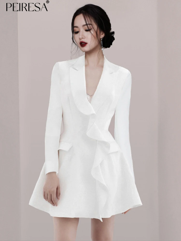 

Женское короткое платье с оборками PEIRESA, элегантное белое платье-блейзер с отложным воротником и длинным рукавом, элегантное приталенное платье, осень 2023
