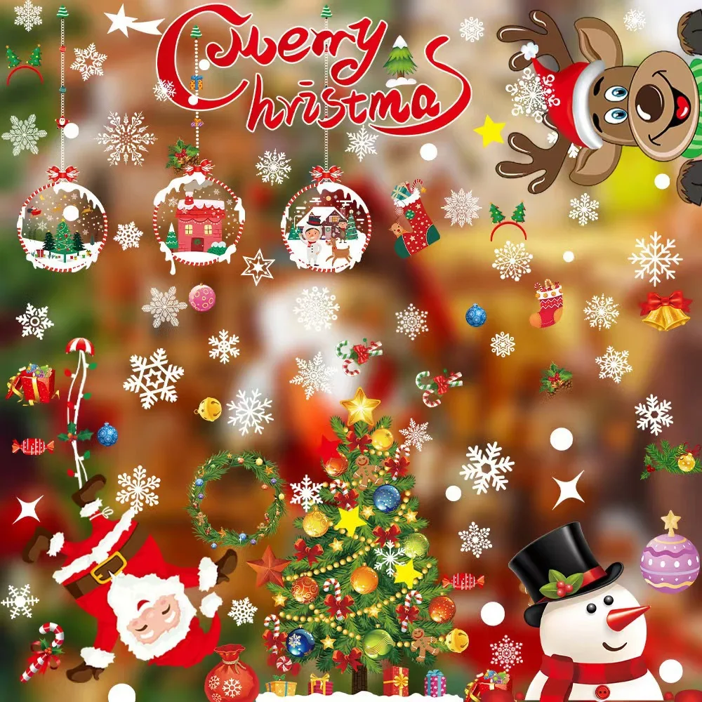 

A Variety of Christmas Window Stickers, Holiday Cartoons, Old People, Glass Refrigerator Decorations