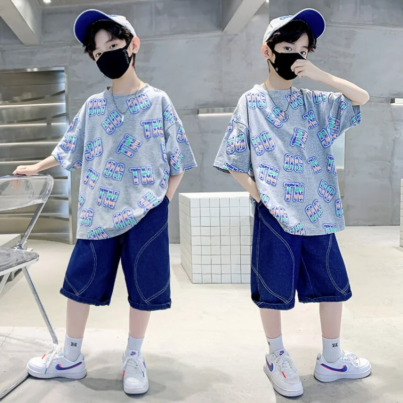 

Boys summer clothes suit children's top and bottom set two piece set free shipping 4-16years Korean style children clothing 2023