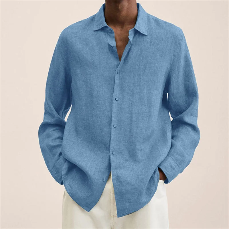 

Spring Men Lapel Shirts Loose Linen Solid Long Sleeve Turn-Down Collar Button Retro Autumn Shirt For Male Blouse Sexy Tops Tees