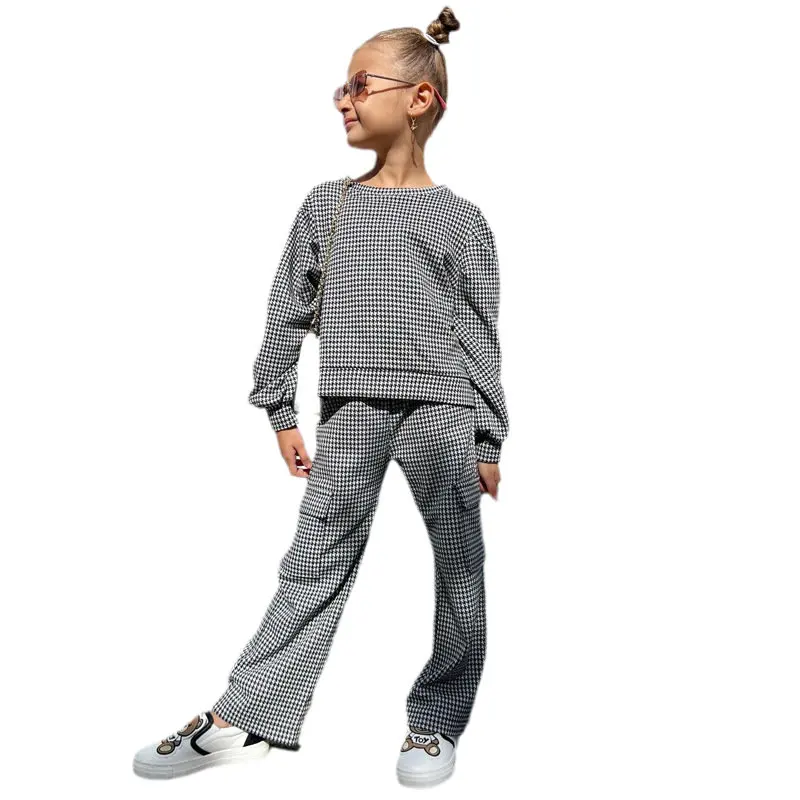 

1-8 years Child Girls Fall Clothes 2pcs/sets Long Sleeve Plaid Sweatshirt+Loose Plaid Pants Kids Girl Sport Clothing Outfits