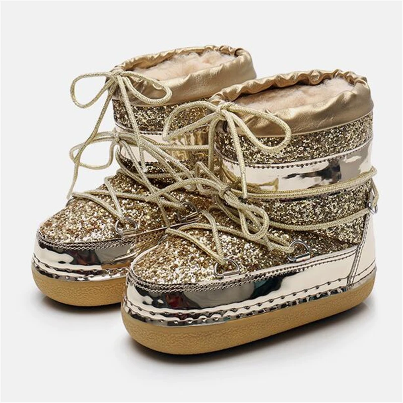 

Ботинки на платформе для снежной погоды, теплые зимние ботильоны, модные детские ботинки с блестками и мехом для девочек и мальчиков, до-30
