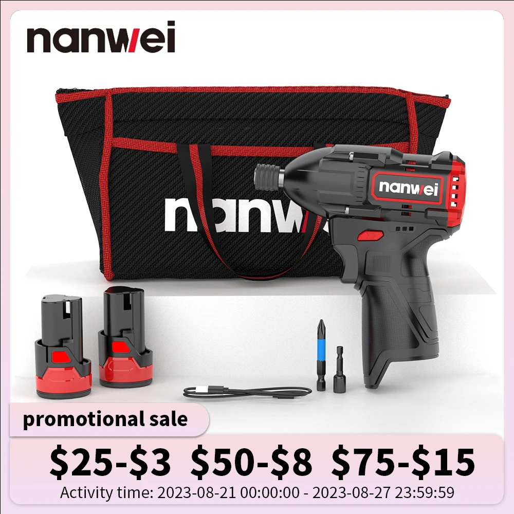 NANWEI 120NM Mini 12V Brushless Lithium Impact Driver Type-c Cordless Screwdriver Compact and Portable