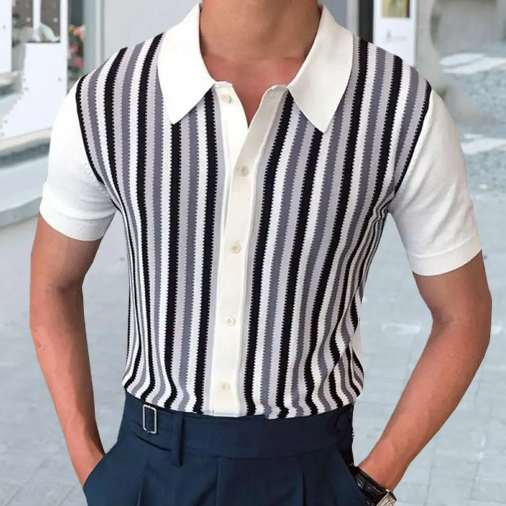 

Stripe Wear-resistant Breathable Turn-down Collar Men Shirt Commute Garment