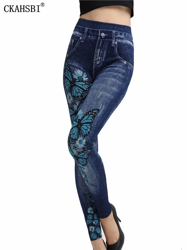 

CKAHSBI Butterfly Pritned Yoga Pants Faux Denim Leggings Female 2022 New Hot Sale Sexy Gym High Waist Elastic Pencil Trousers