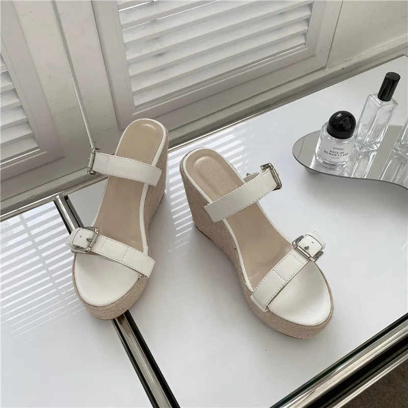 

Women Slippers Black Buckle High Heels Summer Sandals Casual Platforms Wedge Shoes 2022 Bohemian Linen Weaving Wedges