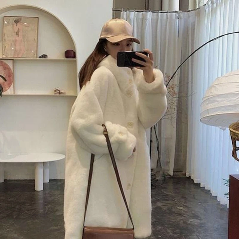 hooded  Faux Fur Coat Women Casual Korean Loose Hoodies Furry Thick Bat Sleeved Warm Long Faux Rabbit Fur Jacket Winter Coat
