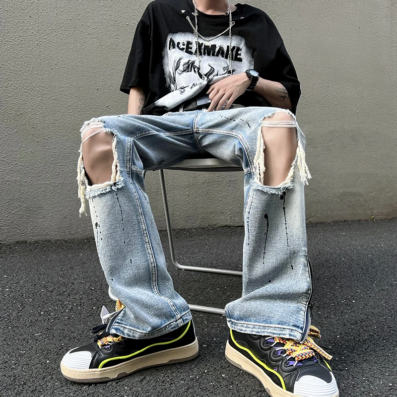 

High Street Ripped Hole Jeans Men Fashion Trends Gothic Hole Streetwear Straight Leg Denim Pants Zip Design Split Flare Trousers