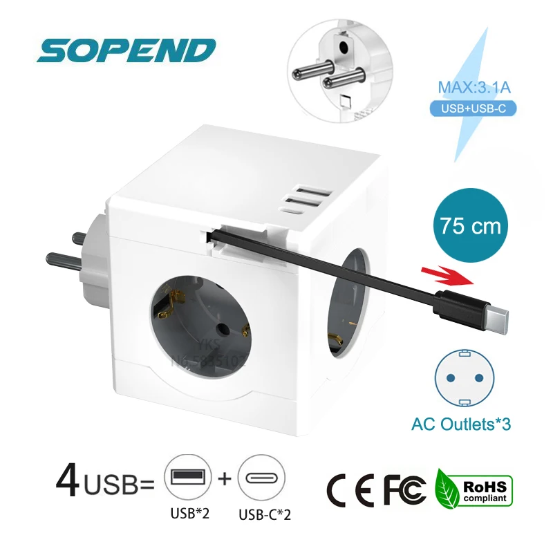 Sopend EU Plug Power Strip with 3 AC Outlets 3 USB Charging Ports Retractable USB-C Cable Adapter 7-in-1 Plug Cube Multi Socket