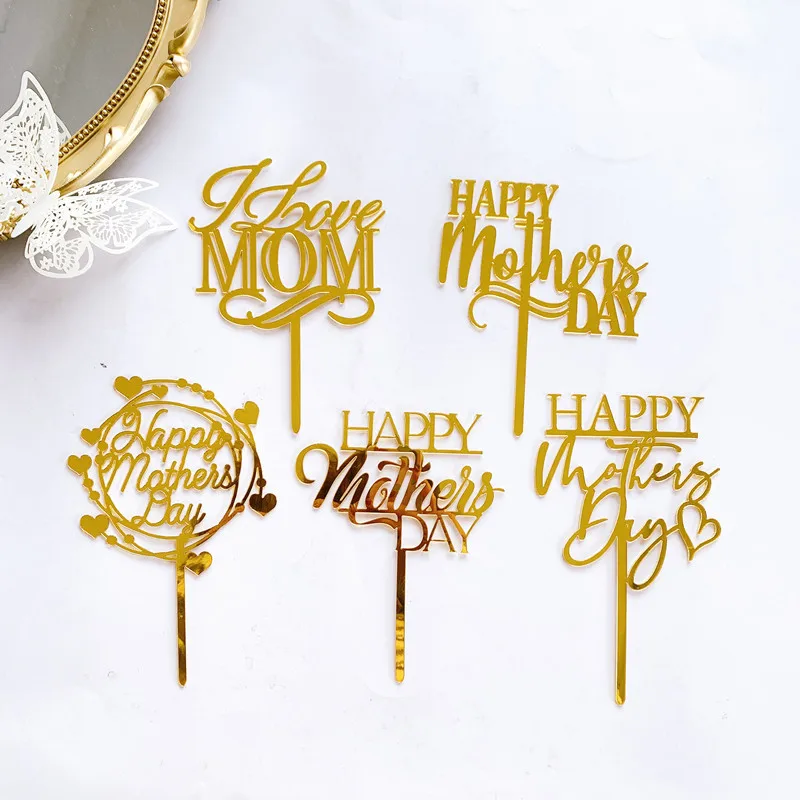 

New Design Gold Acrylic Happy Mother's Day I Love Mom Heart Theme Party Favors Cake Decorating Supplies