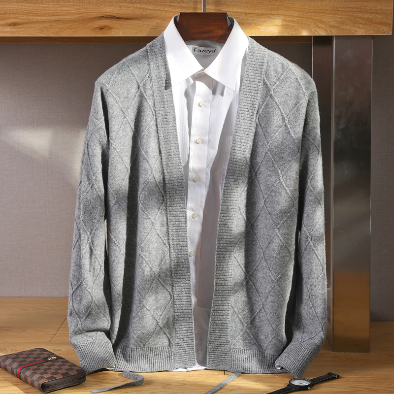 100%  Wool Cardigan Men's V-Neck Knitted Top Coat Autumn and Winter New Loose Cashmere Jacket Fashion Luxury