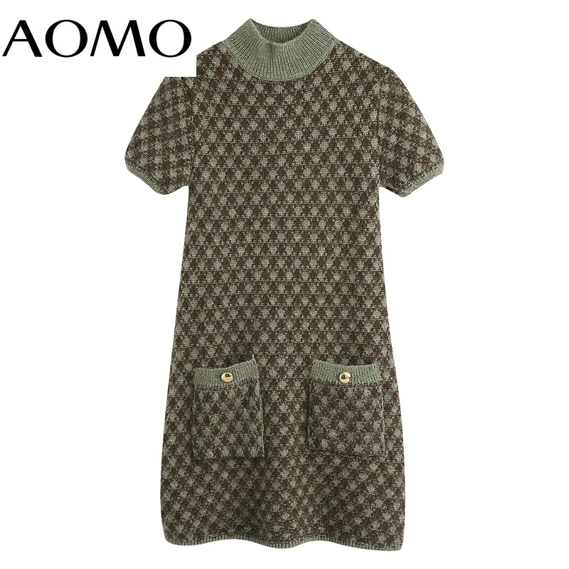 

AOMO Fashion Women Plaid Pattern Sweater Dress Short Sleeve Turtleneck Ladies Warm Mini Dres BE328A