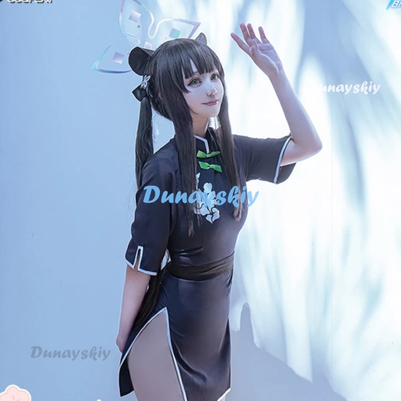 Аниме Синий Архив Косплей Sunohara Shun Chilhood Костюм Темно-Синее Платье Cheongsam Заколки