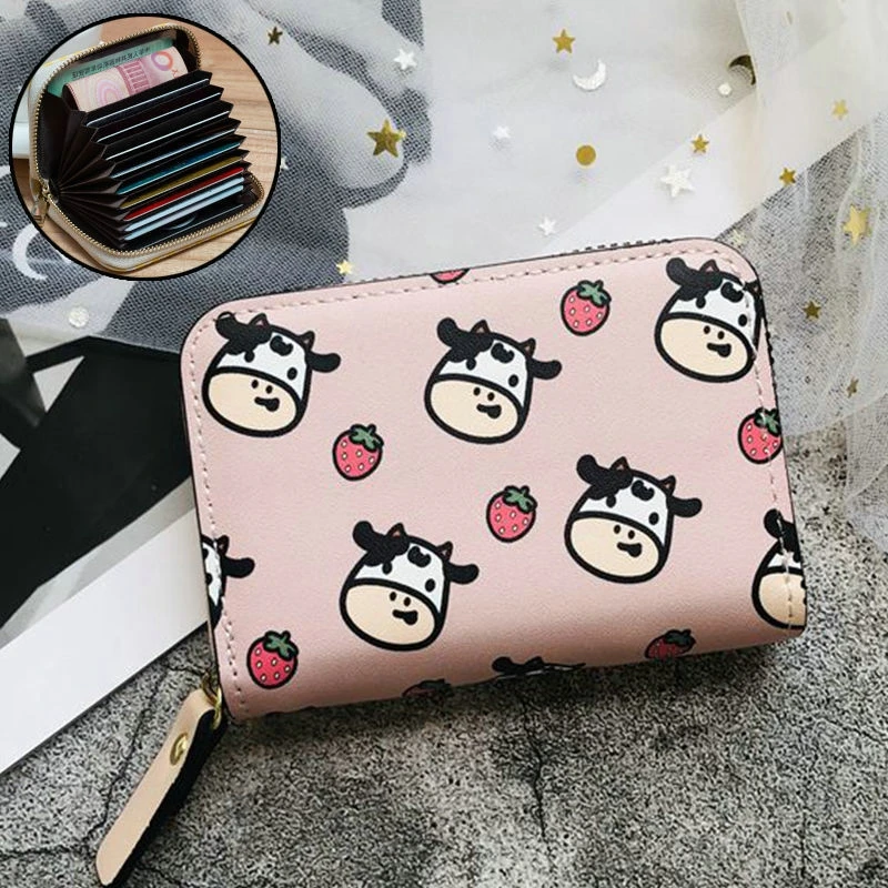 Women New Fashion Wallet Pu Leather Cartoon Cow Cattle Short Ladies Multi-Card Slot Coin Purses Student Cute Triple Fold Wallet