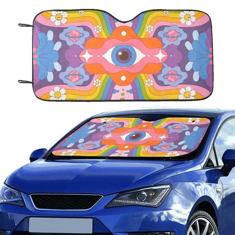

Psychedelic Windshield Sun Shade, Hippie Eye Flowers 70s Art Car Accessories Auto Protector Window Visor Screen Cover Decor