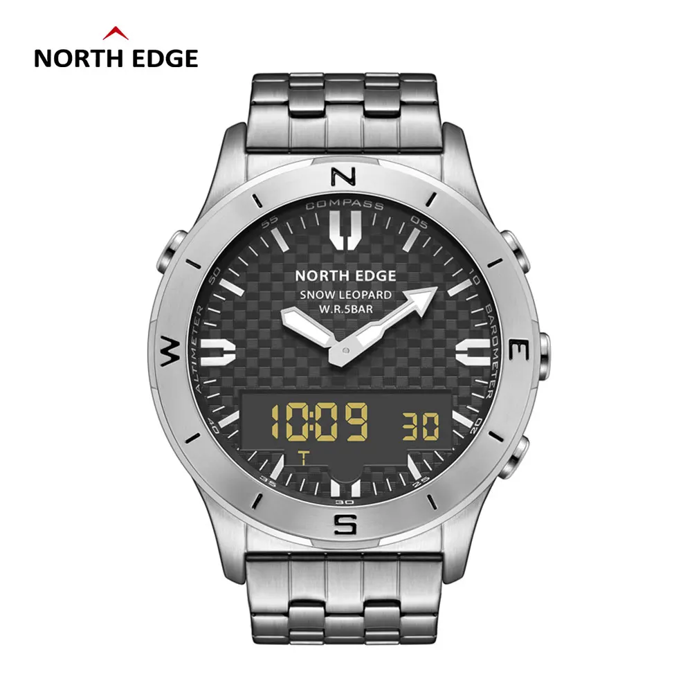 

NORTH EDGE Men's Digital Watch Steel Band 50M Waterproof Altimeter Barometer Compass Military Wristwatch Relogio