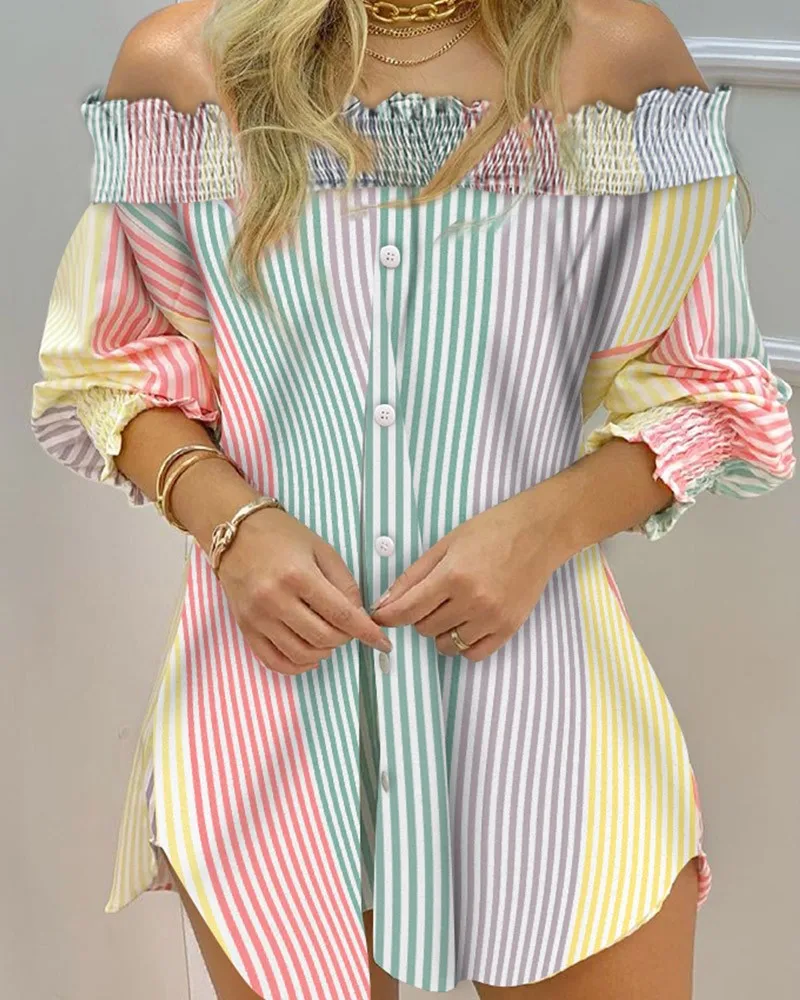 

European and American Style 2022 Summer New Women's Clothing Fashion Sexy Striped Printing Loose Women's Swept Top Women