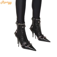 women new rivet fringe boots metal zipper motorcycle boots belt buckle pointed toe knee high shoes aged silver studs boots
