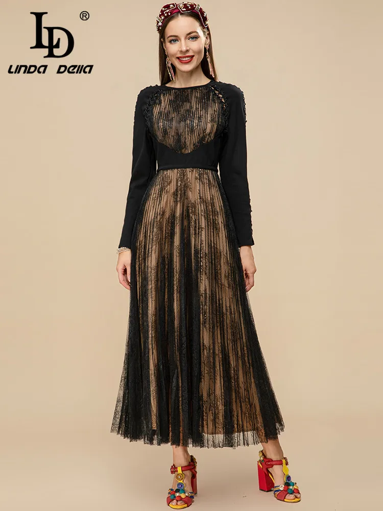 LD LINDA DELLA Fashion Runway Spring Pleated Dress Women Patchwork Long sleeve High waist Mesh Black Vintage Party Midi Dress