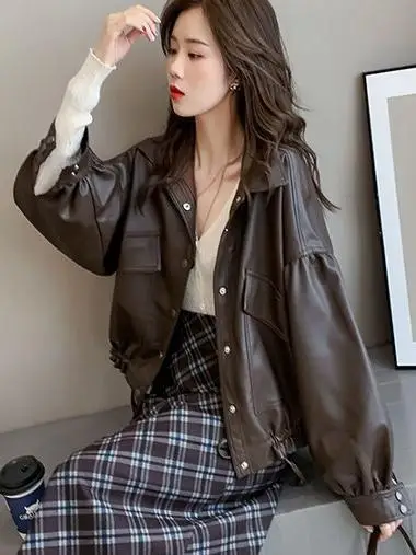 Кожаное пальто верхняя одежда для женщин весна-осень 2024 новая корейская