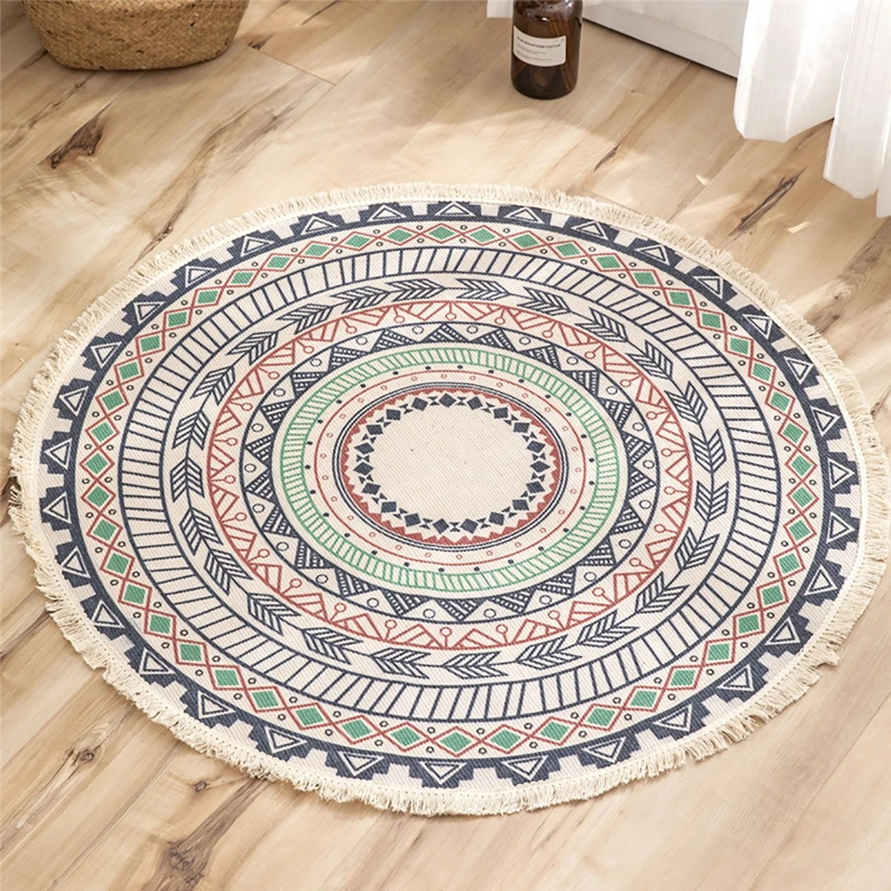 

4Styles 90cm Retro Bohemian Round Rug Tassel Floor Mat Carpet for Bedroom Living Room Doormat Yoga Macrame Area Rugs Home Decor