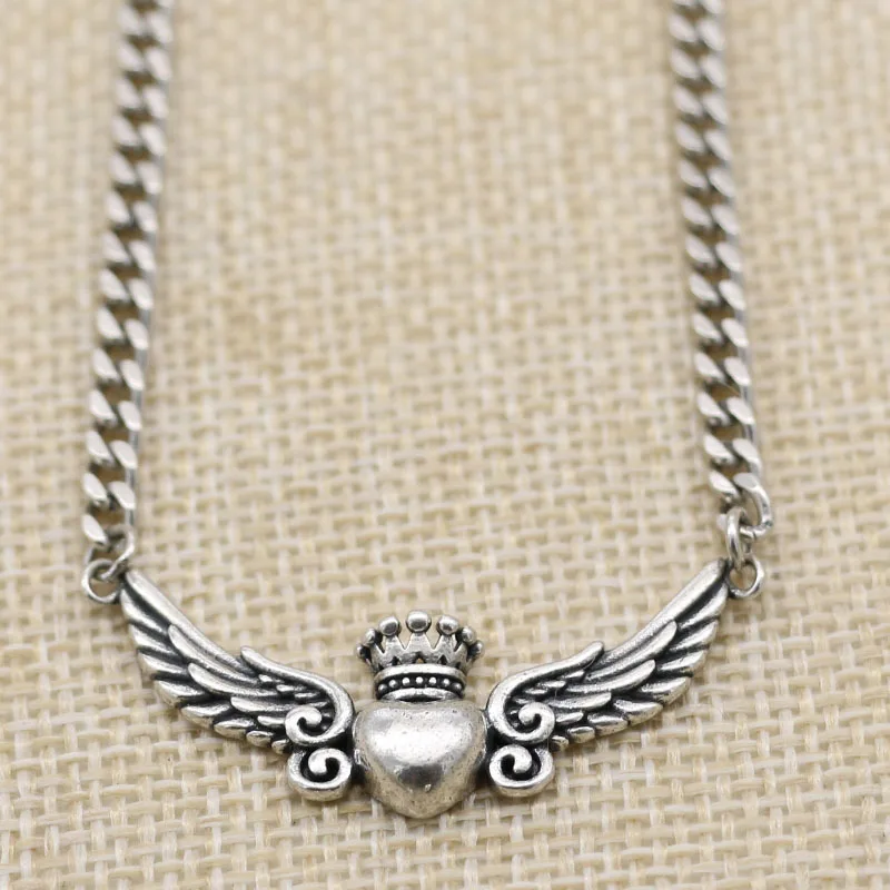 

925 Sterling Silver Necklace Heart Shaped Angel Wings Wings Crown Hip Hop Couple Personality Design Original Light Luxury
