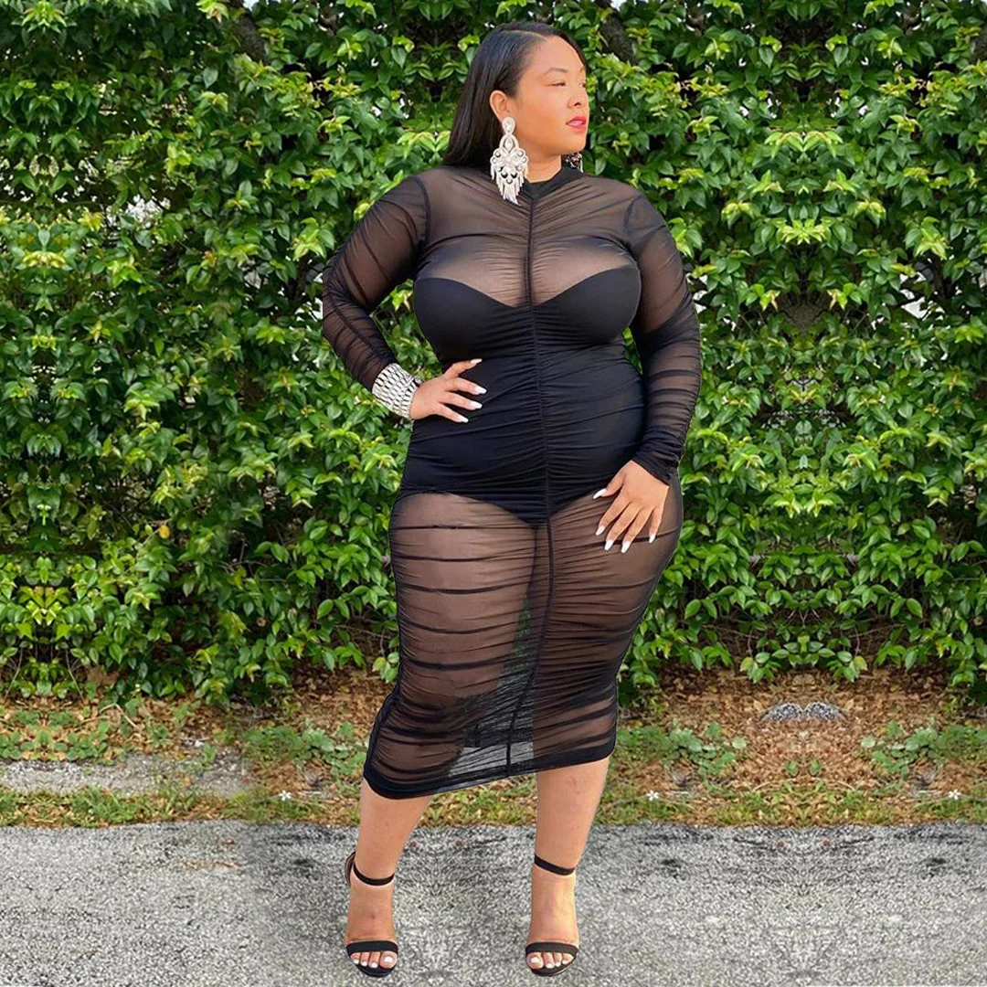 

Plus size Fashion Fat Lady 2 Piece Set Clothing Gx7001 See Through Mesh Pleated Sexy Women Dress