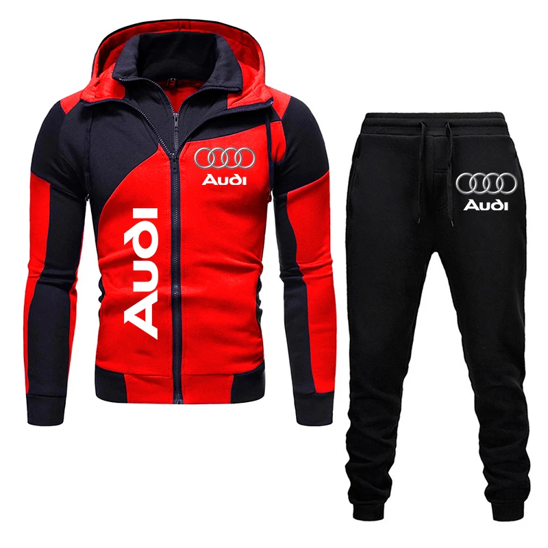 Мужской спортивный костюм с логотипом Audi, флисовый теплый костюм с толстовкой с капюшоном и брюками, мужская спортивная одежда, пальто на ос...