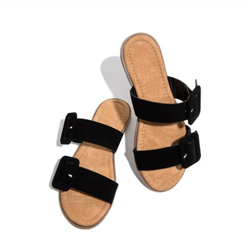 

Women Slippers Flat Woman Belt Buckle Square Sandals Casual Open Toe Beach Shoes Female Fashion Slides 2022 Ladies Outdoor Shoes