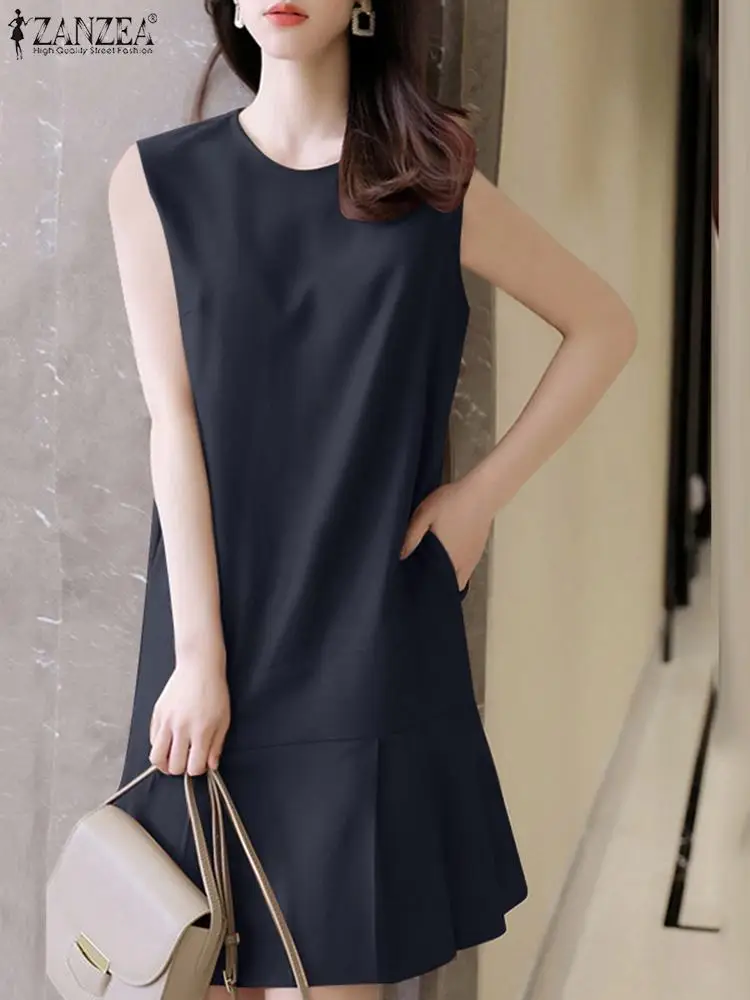 

Women Holiday Tank Dress ZANZEA Summer Sleeveless Sundress O-Neck Knee Length Midi Robe Casual Solid Elegant Office OL Vestidos