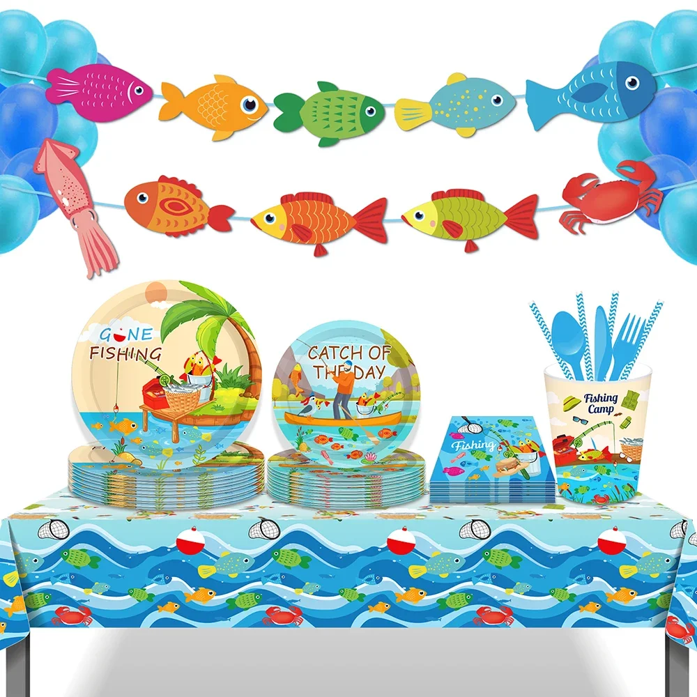 

Blue Outdoor Fishing Camp Birthday Party Paper Disposable Tableware Sets Plate Napkins Tablecloths Baby Shower Party Decorations