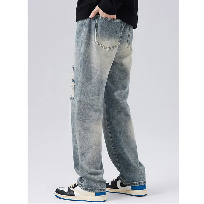 Streetwear Men 2022 New Style Pattern Vintage Recreational Ripped  Jeans Loose Straight Cylinder Broad Leg Trousers Autumn Women