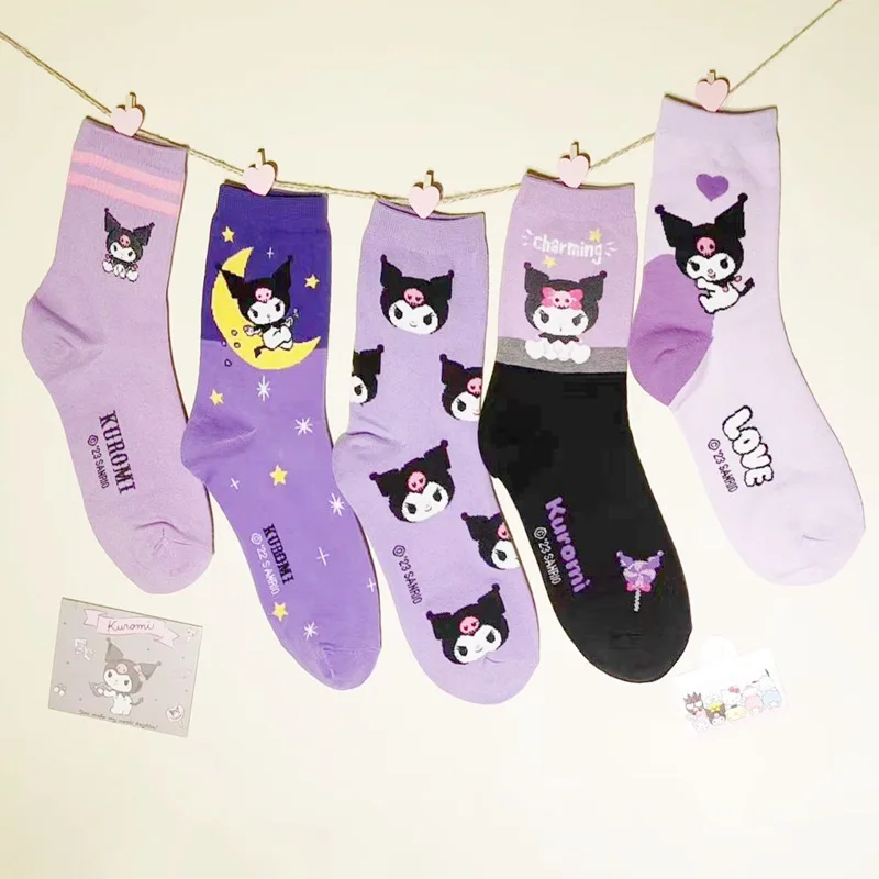 

Sanrio Kuromi Socks Lady's Cartoon Socks Purple Combed Cotton Midtube Women's Socks Cute Cartoon Stockings