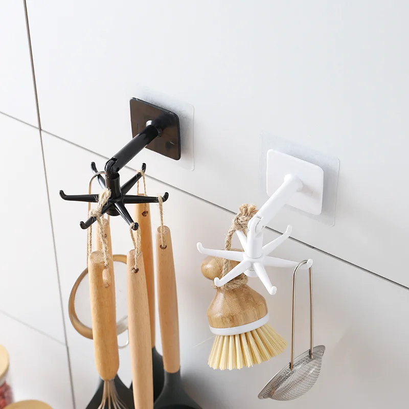 

1pc 360 Degrees Rotated Kitchen Hooks Self Adhesive 6 Hooks Wall Door Hook Handbag Clothes Ties Bag Home Hanging Rack