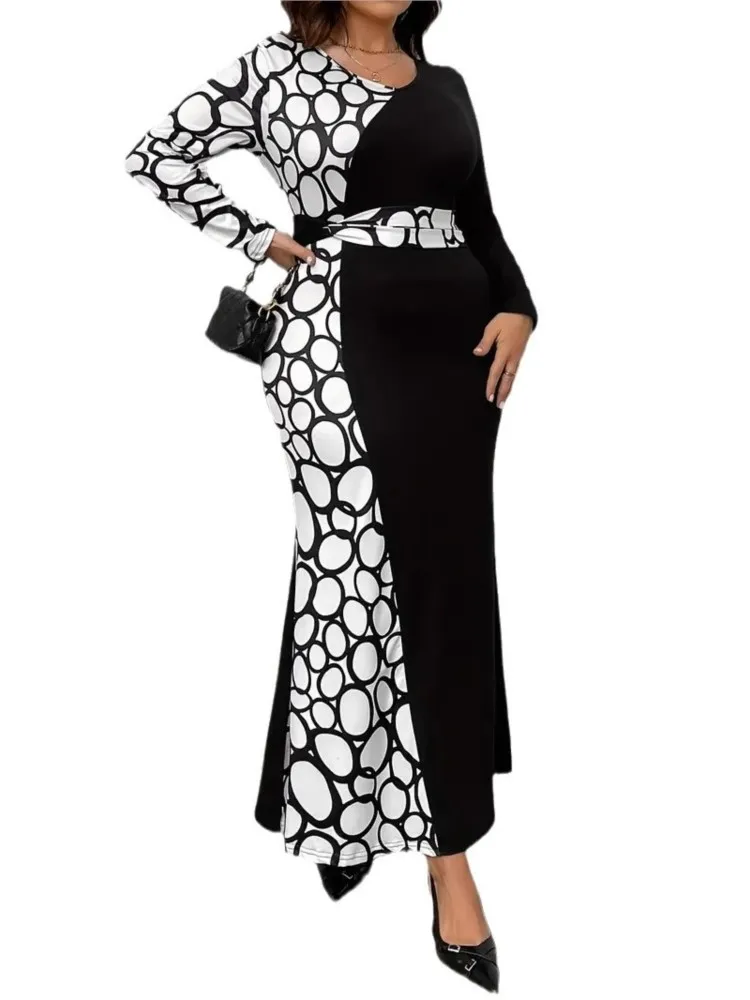 Плюс размер геометрический принт лоскутное осеннее платье рыбий хвост женское