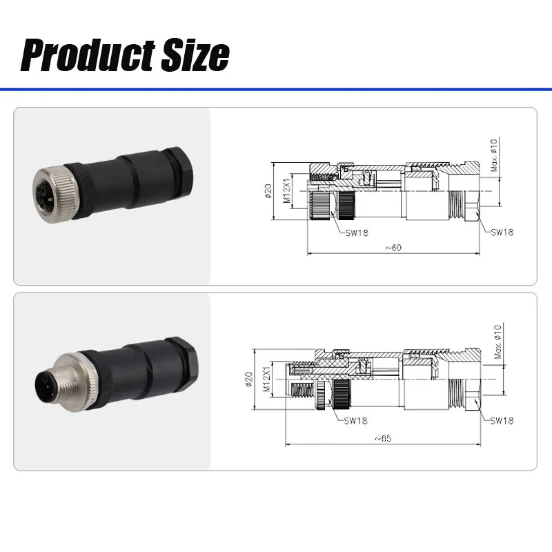 Водонепроницаемый M12 3 4 5-контактный разъем L-кода IP67 Высокоточная винтовая