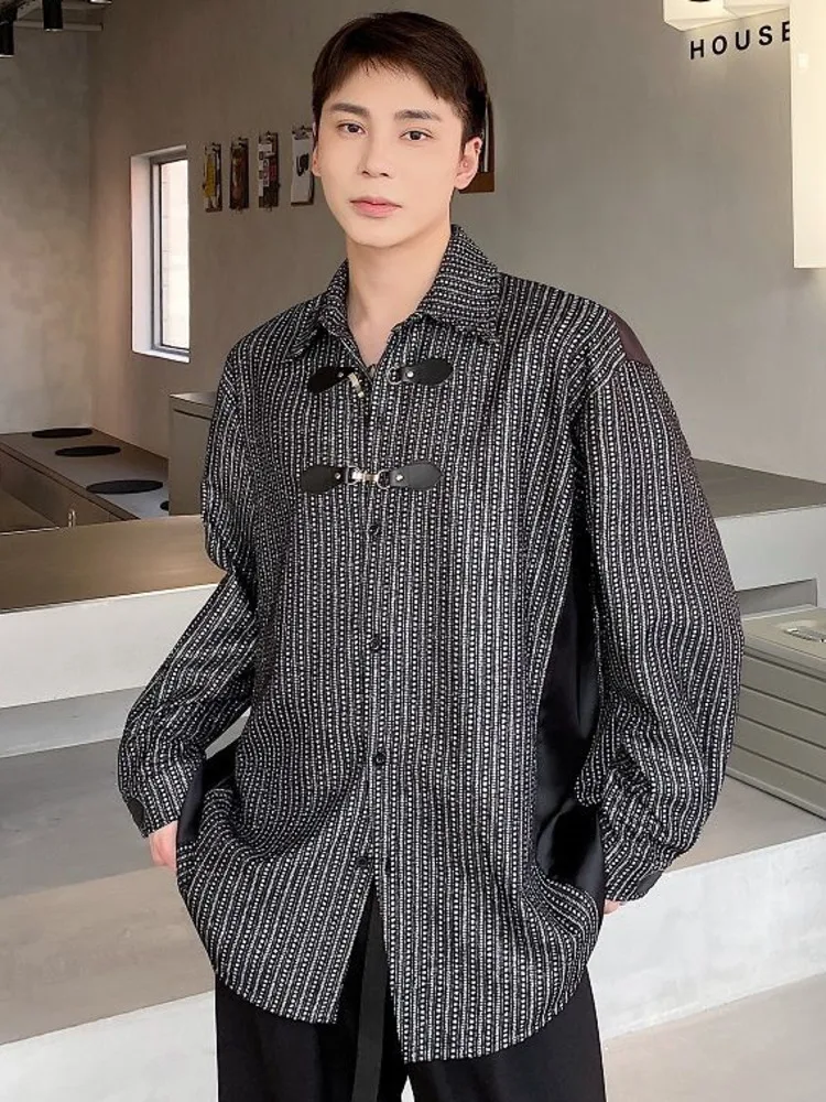 

SYUHGFA 2022 Spring Turn Down Collar Long Sleeve Shirt For Men Bright Silk Patchwork Loose Casual Style Shirt Tops Men Clothing