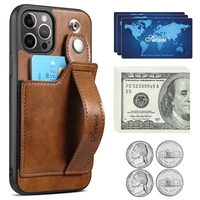 iphone card leather case wrist strap back cover case for iphone 11 12 13 pro max x xs max xr 6 7 8 plus mens business phonecase