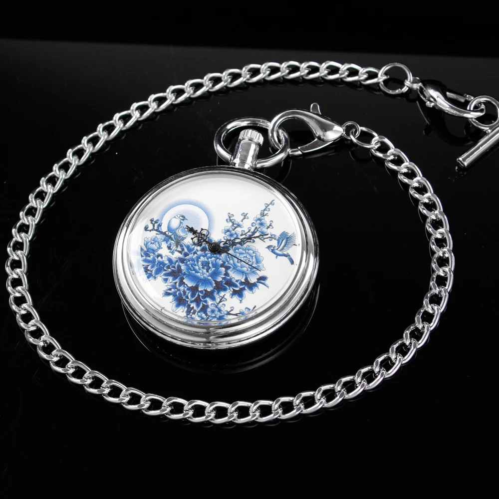Blue and White Porcelain Fashion Pocket Watch Mechanical Men's Handbag Steam Punk Necklace Fob Watch Chain Roman Digital Clock