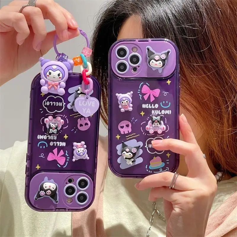Sanrio kuromi with 3D doll ornaments pendant makeup mirror Phone Case For Iphone 11 12 13 14 Pro Xs Xr Max Transparent cover