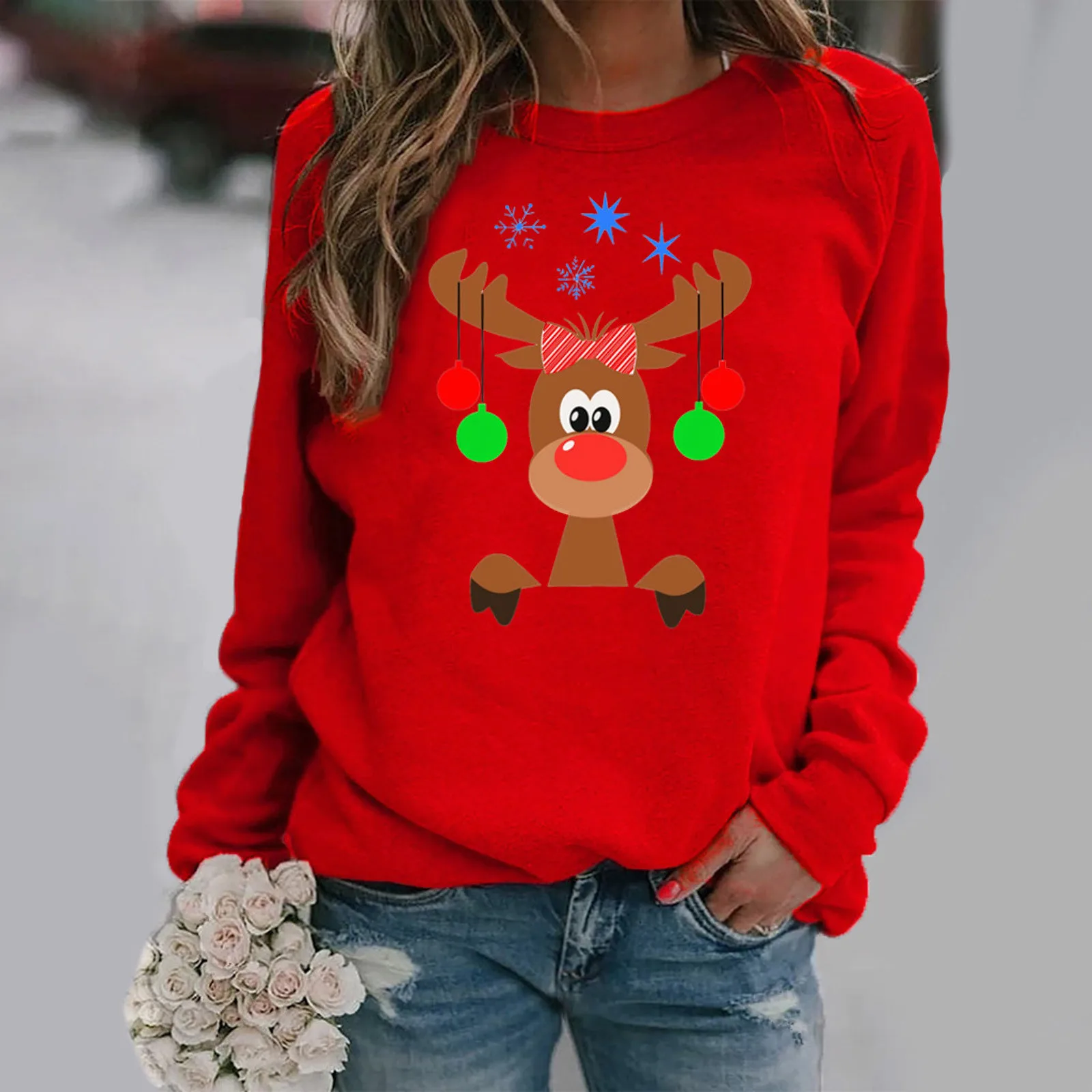 

Top Casual Christmas Women's Sleeve Long Neck Shirt Pullover Print Blouse Round Women's Blouse Long Sleeved Women's Shirts