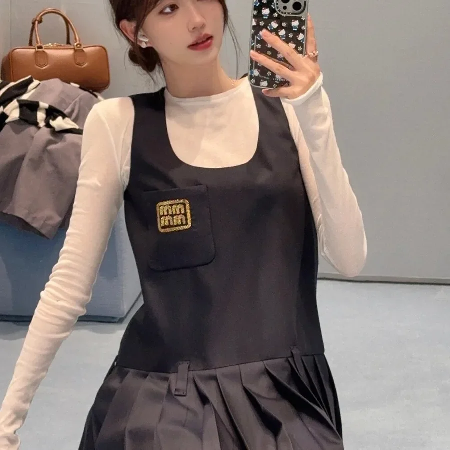 Nanfu High Board Miu System Deep Blue Dress Sleeveless Embroidery With Belt Join Plaid Skirt Spring New Style