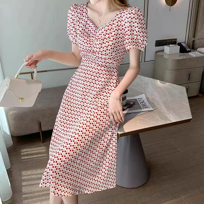 

Floral Chiffon Dress Women's 2022 Summer New V-neck Puff Sleeves Waist Slim Mid-length Dress First Love Sweet Casual Long dress