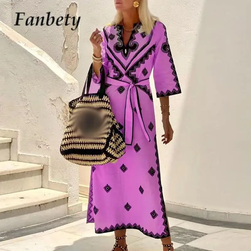 

Vintage Pattern Print 3/4 Sleeve Long Dress Bohemia Casual Ladies Straight Dress Spring Summer V Neck Lace-up Split Loose Dress