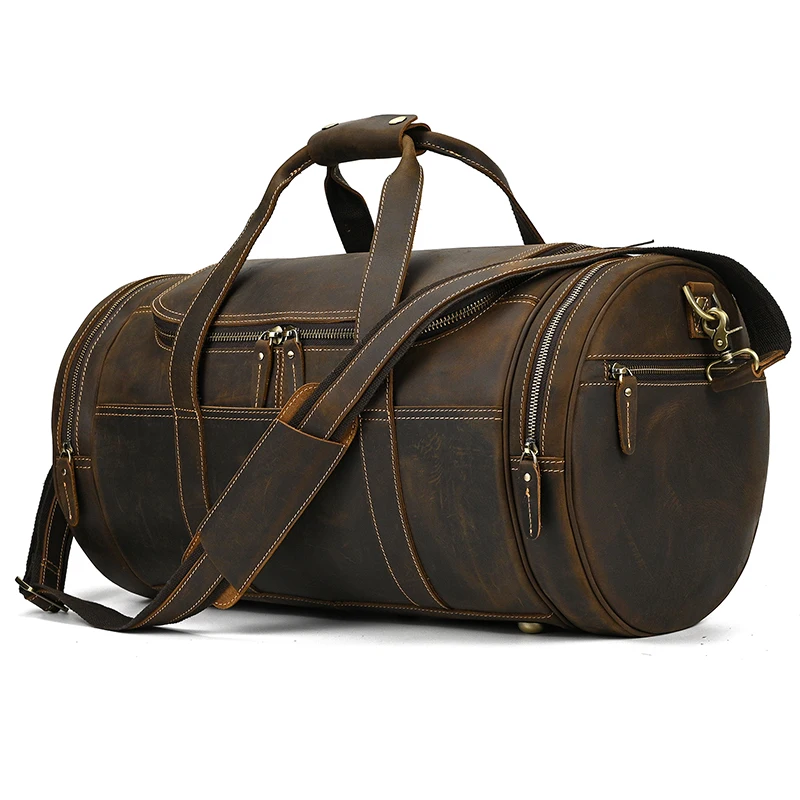 

High Quality Men Travel Bag Leather Round Shap Weekend Duffle Bag Cowhide Big Size Carry Bag Travelling Leather Carry On Handbag
