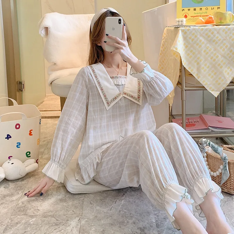 Летняя женская Милая пижама с длинным рукавом хлопковая сетчатая Дамская